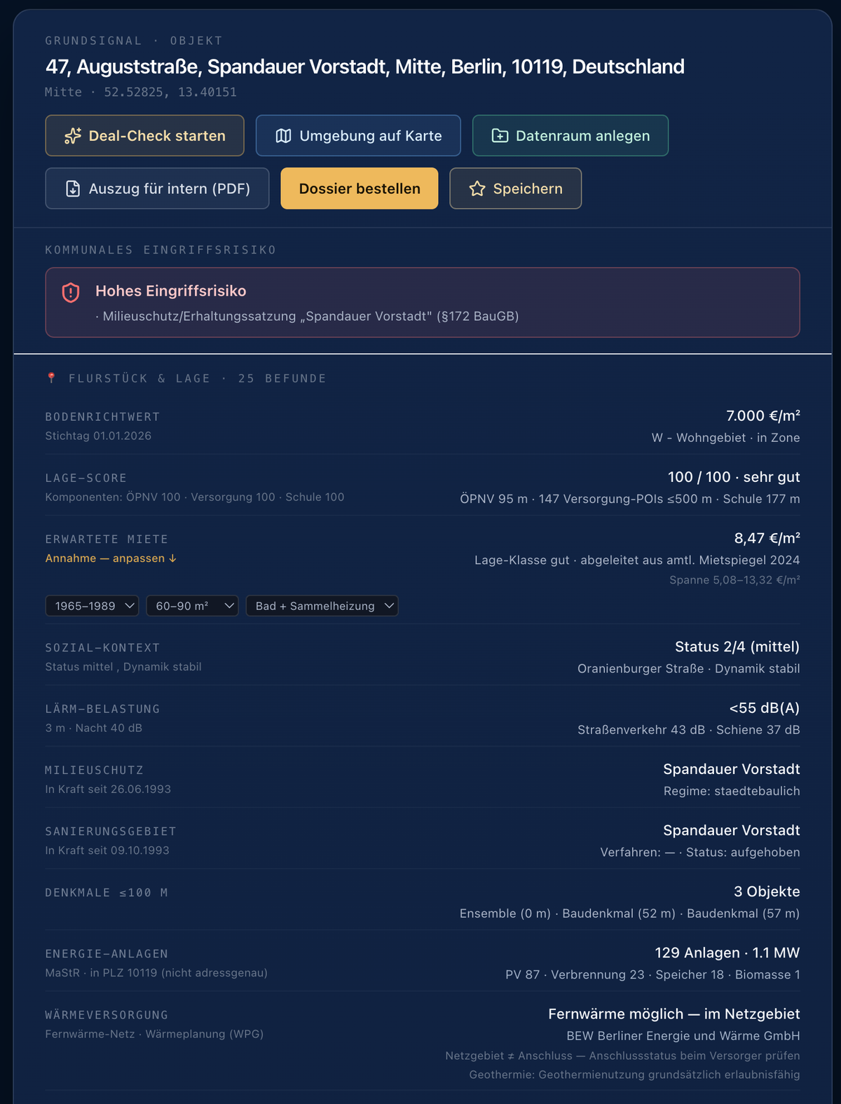 GrundSignal Akte — geprüfte Adresse mit amtlichen Befunden