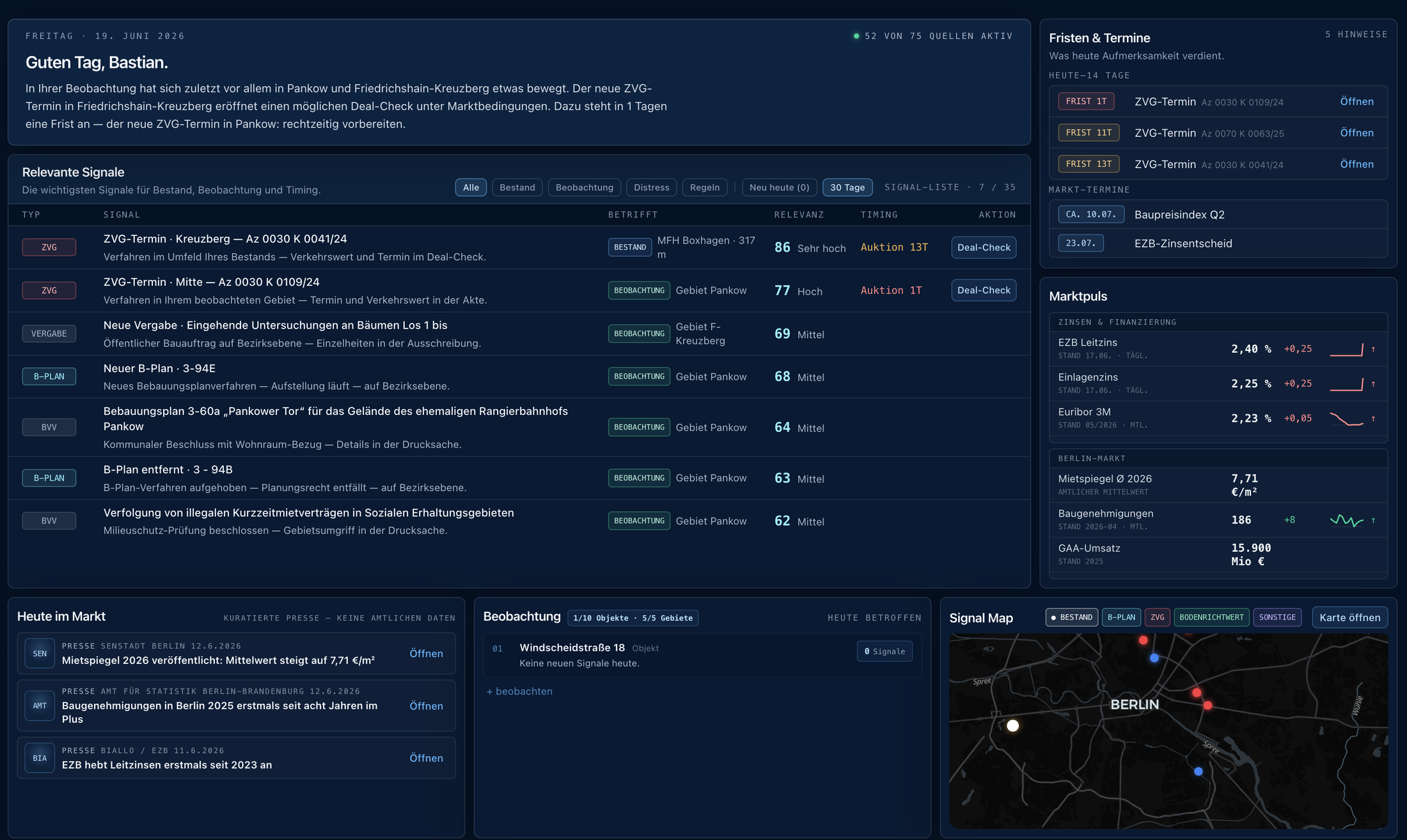 GrundSignal Radar — täglicher Signal-Feed mit Fristen und Marktpuls